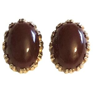 Reja Glass Domed Carnelian Cabochon Gold Plated Signed Clip On Earrings